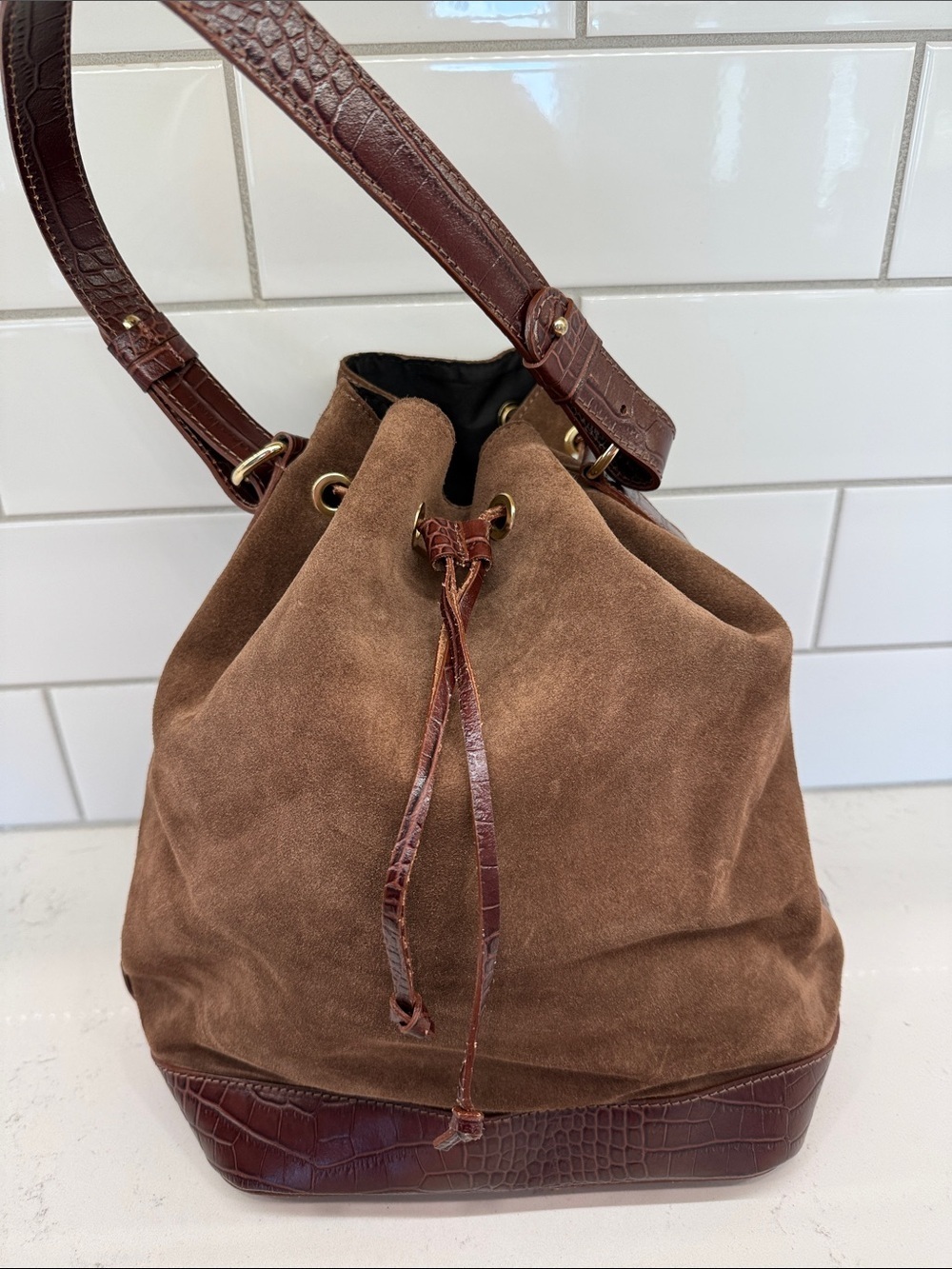 Isadora Brown Suede Drawstring Bucket Bag with Croc-Textured Trim Italy